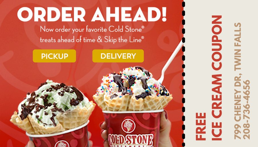 Cold Stone Creamery ad: order ahead, free ice cream coupon