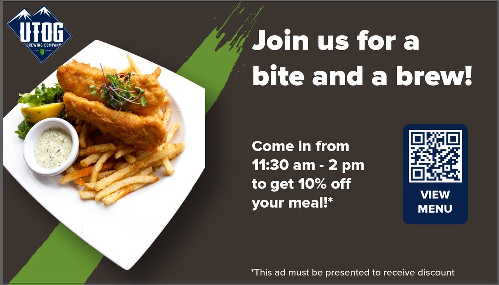 Sample ad for a brewing company with a lunch discount and a QR code to the menu