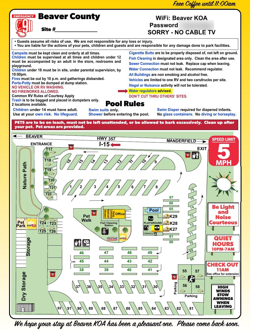 Beaver KOA Journey guide back: park rules and the site map