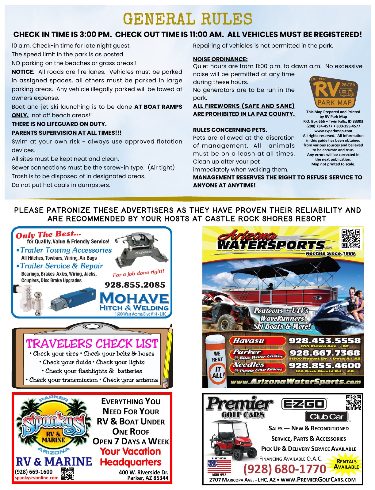 Castle Rock Shores guide back: rules and eight local advertisers