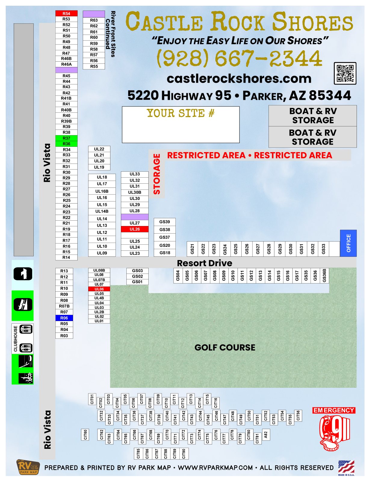 Castle Rock Shores RV park map, Parker, Arizona: the front of the printed guide