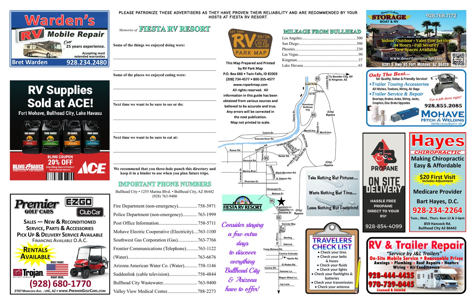 Fiesta RV Resort guide back: important phone numbers, mileage from town, and local advertisers