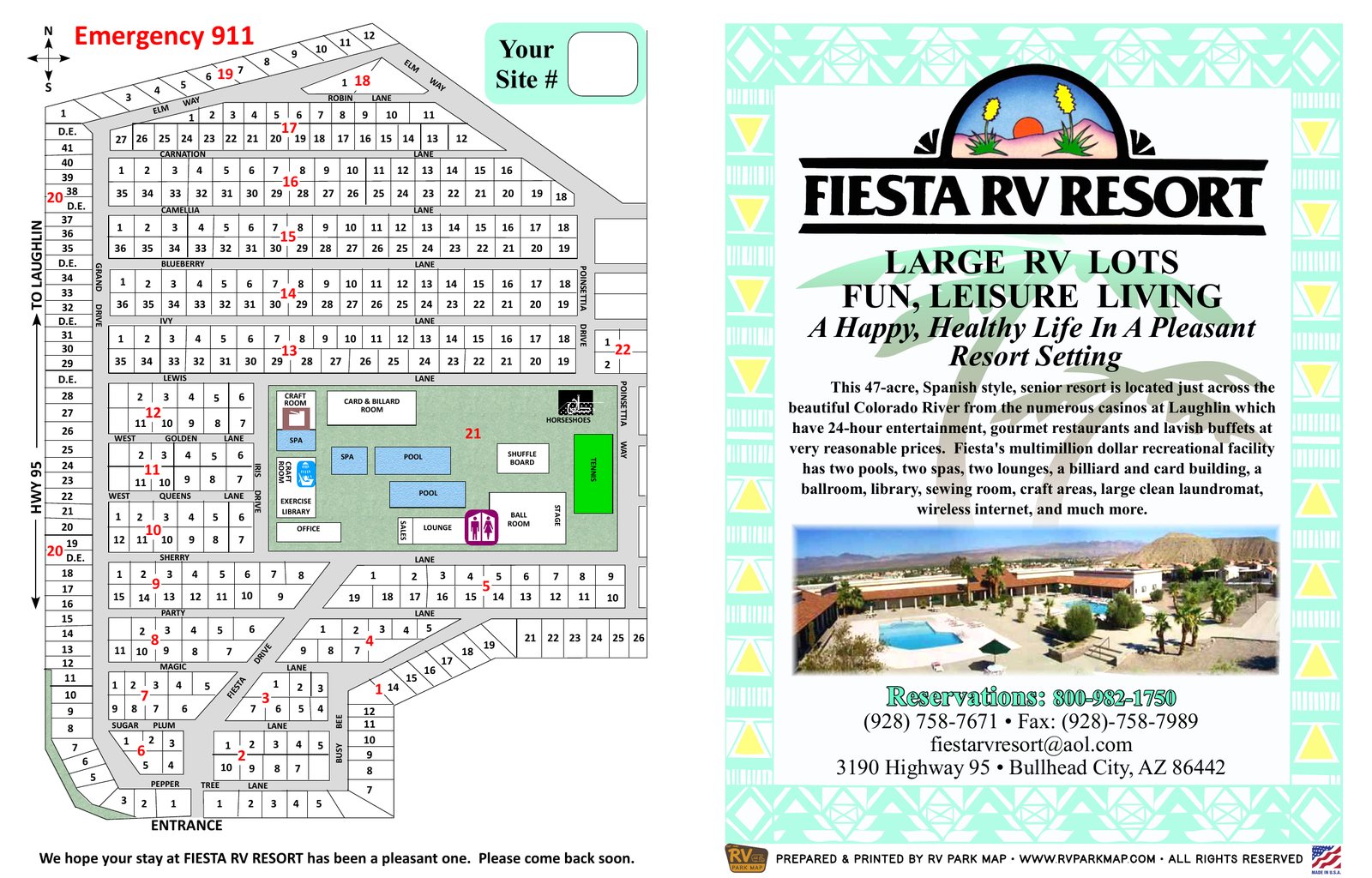 Fiesta RV Resort RV park map, Bullhead City, Arizona: the front of the printed guide