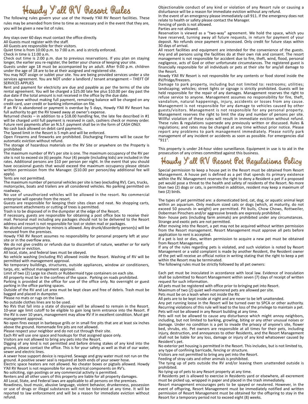 Howdy Y'all RV Resort guide back: the resort rules and pet policy, no advertisers