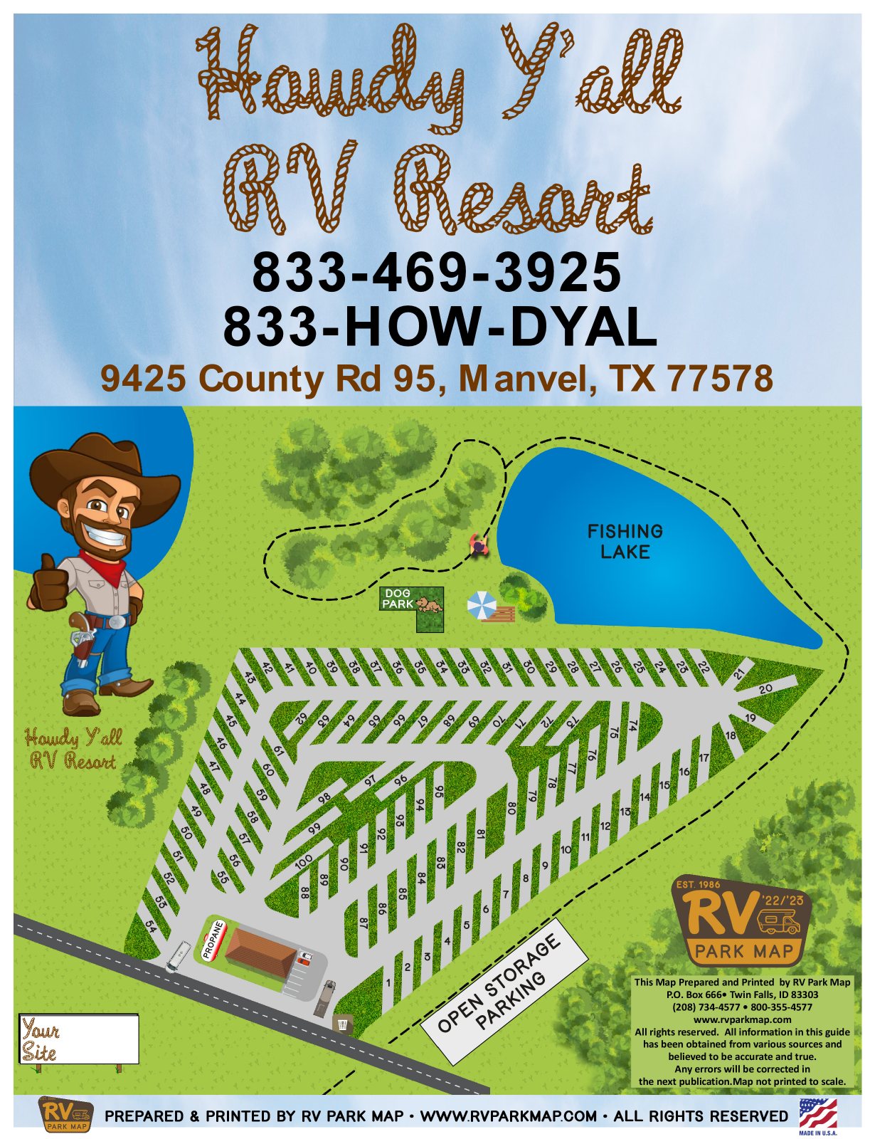 Howdy Y'all RV Resort RV park map, Manvel, Texas: the front of the printed guide