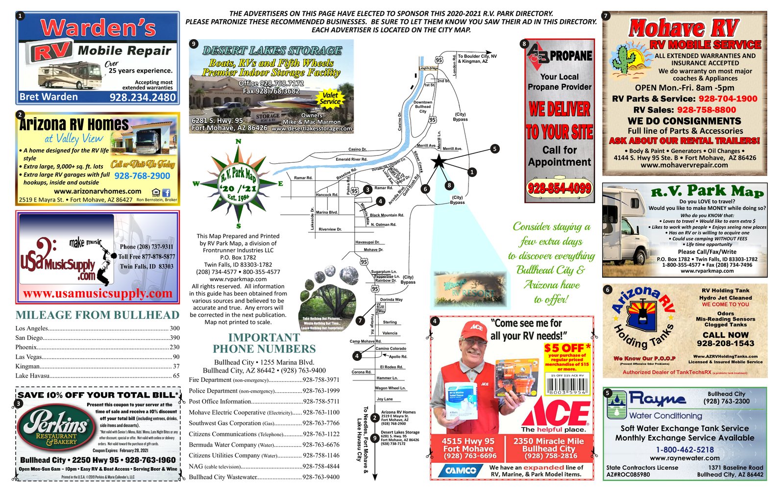 Mirage RV Resort guide back: fourteen local advertisers, mileage from town, and phone numbers