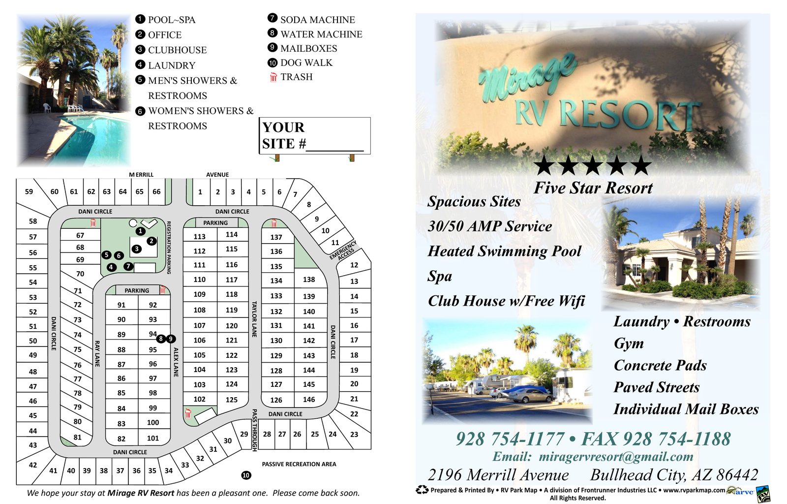 Mirage RV Resort RV park map, Bullhead City, Arizona: the front of the printed guide