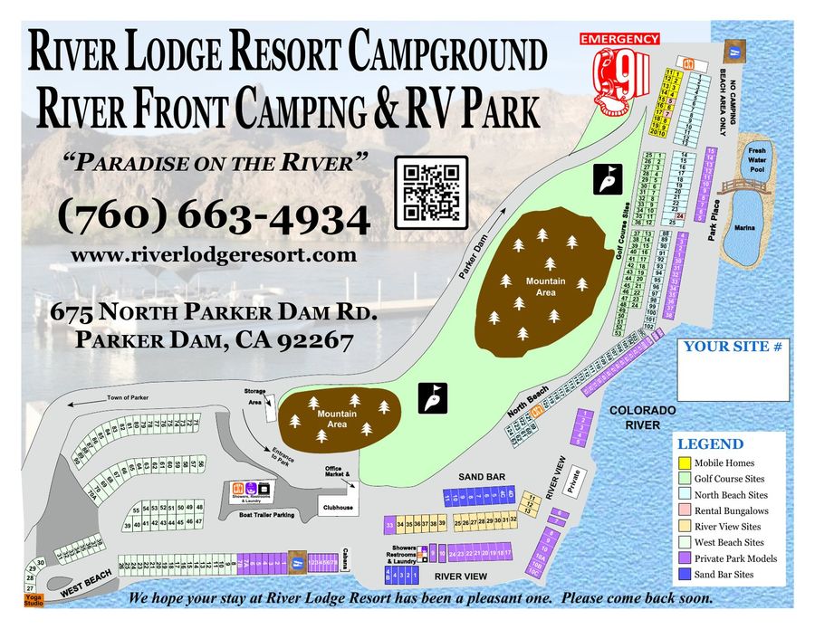 River Lodge Resort Campground map on the Colorado River at Parker Dam