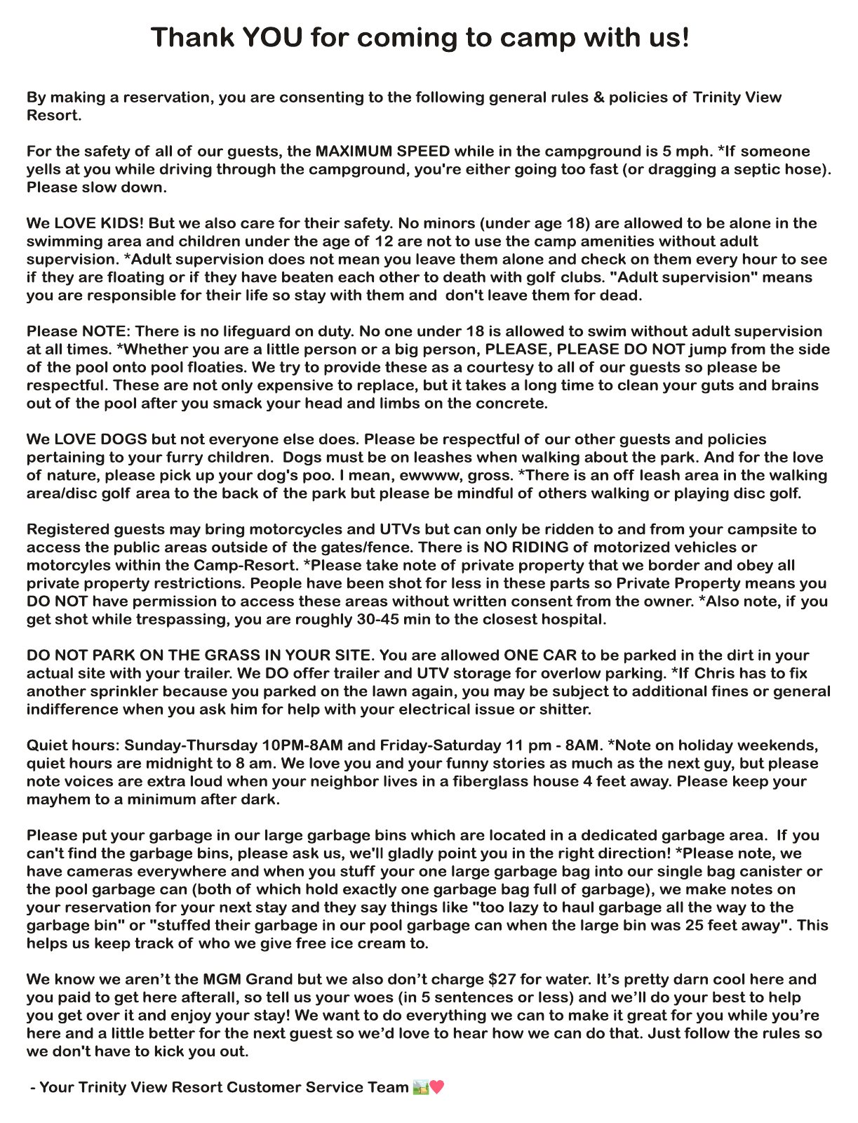 Trinity View Resort guide back: the owners' welcome letter and rules, no advertisers