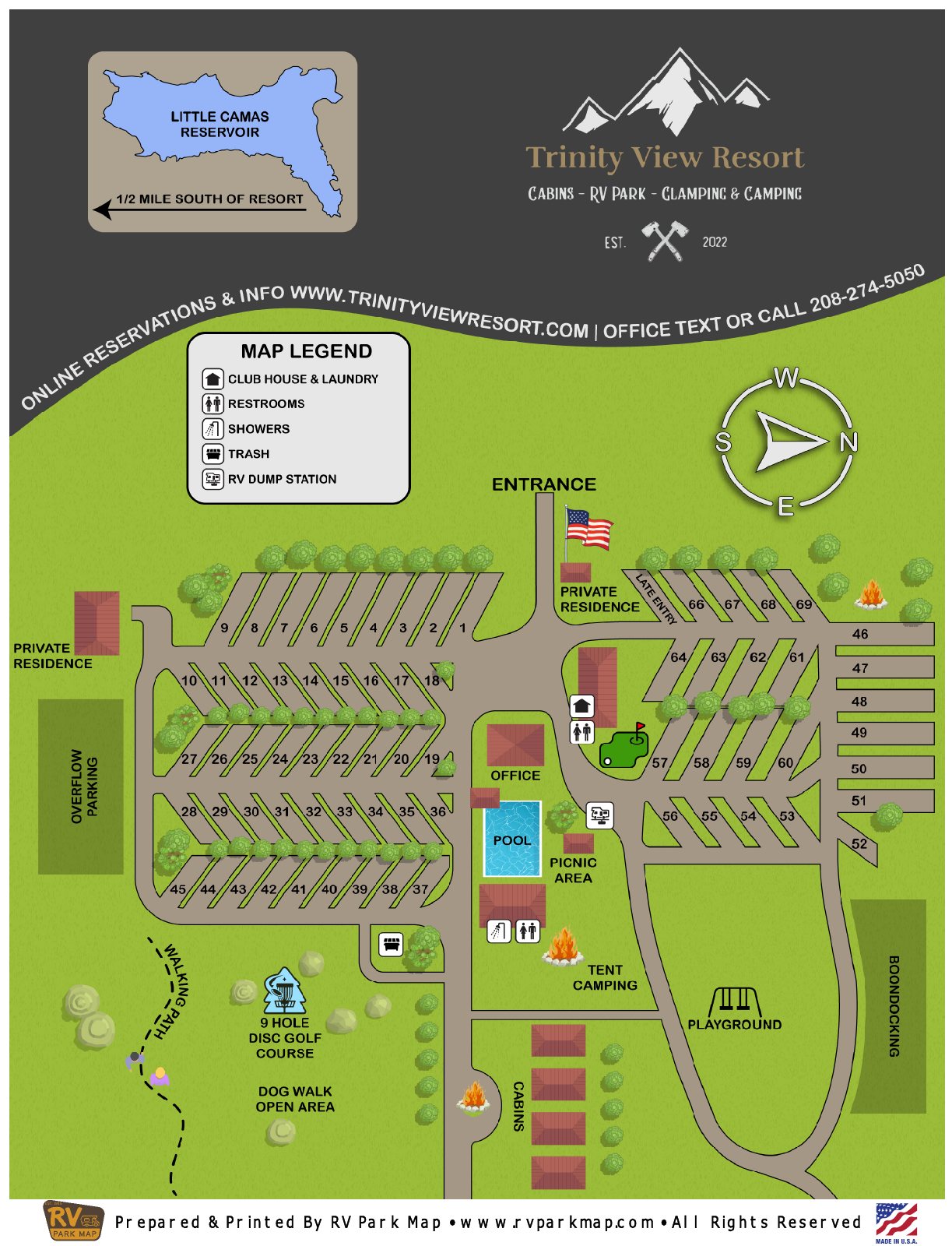 Trinity View Resort RV park map, Little Camas Reservoir, Idaho: the front of the printed guide