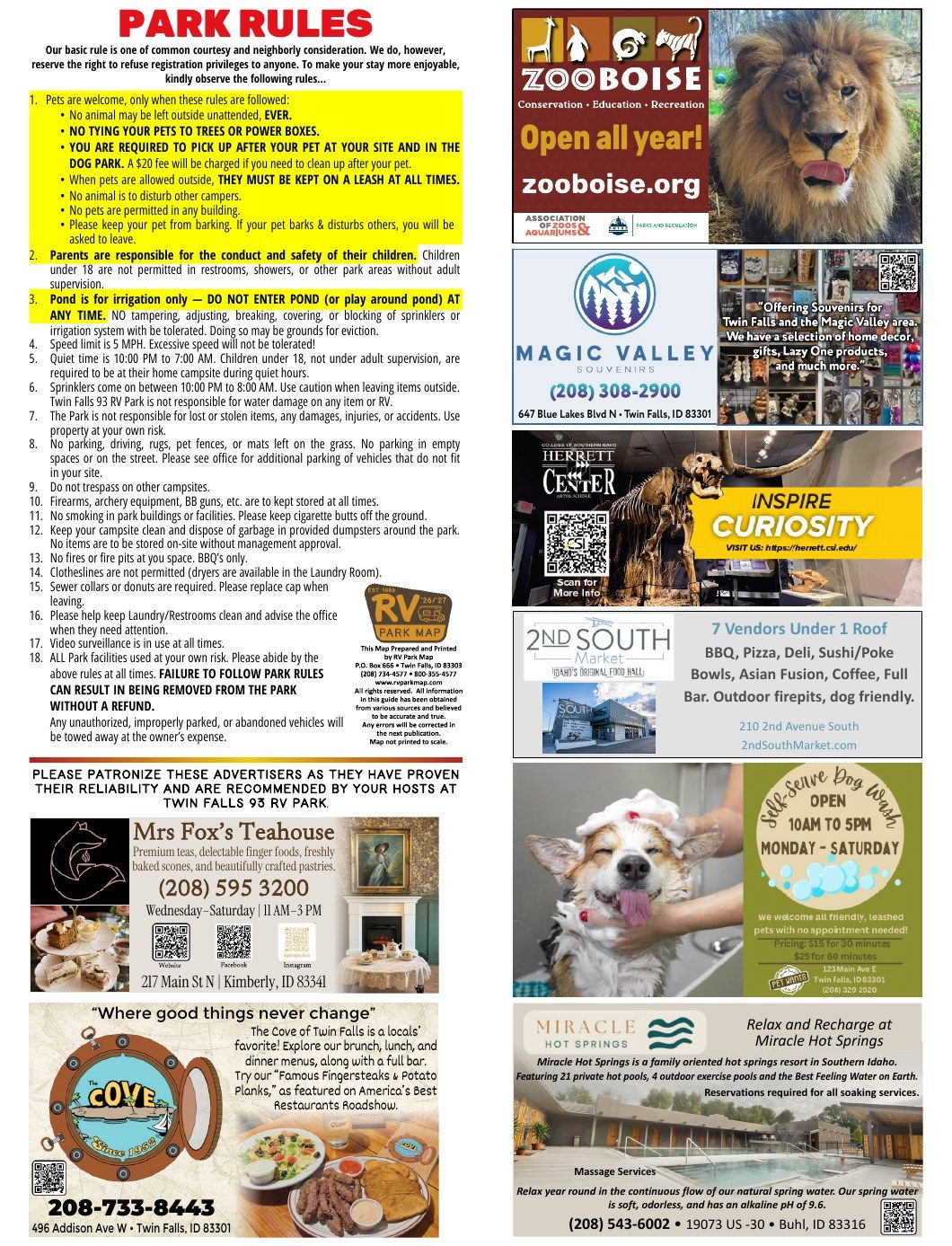 Twin Falls 93 RV Park guide back: park rules and eight local advertisers