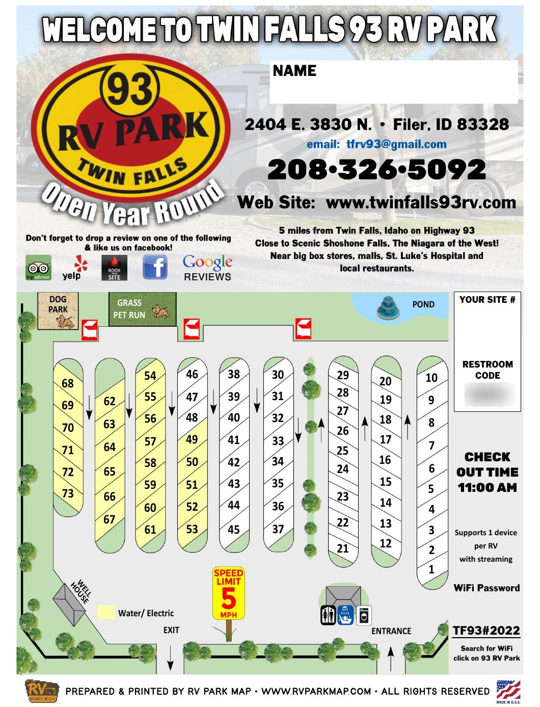 Twin Falls 93 RV Park RV park map, Filer, Idaho: the front of the printed guide