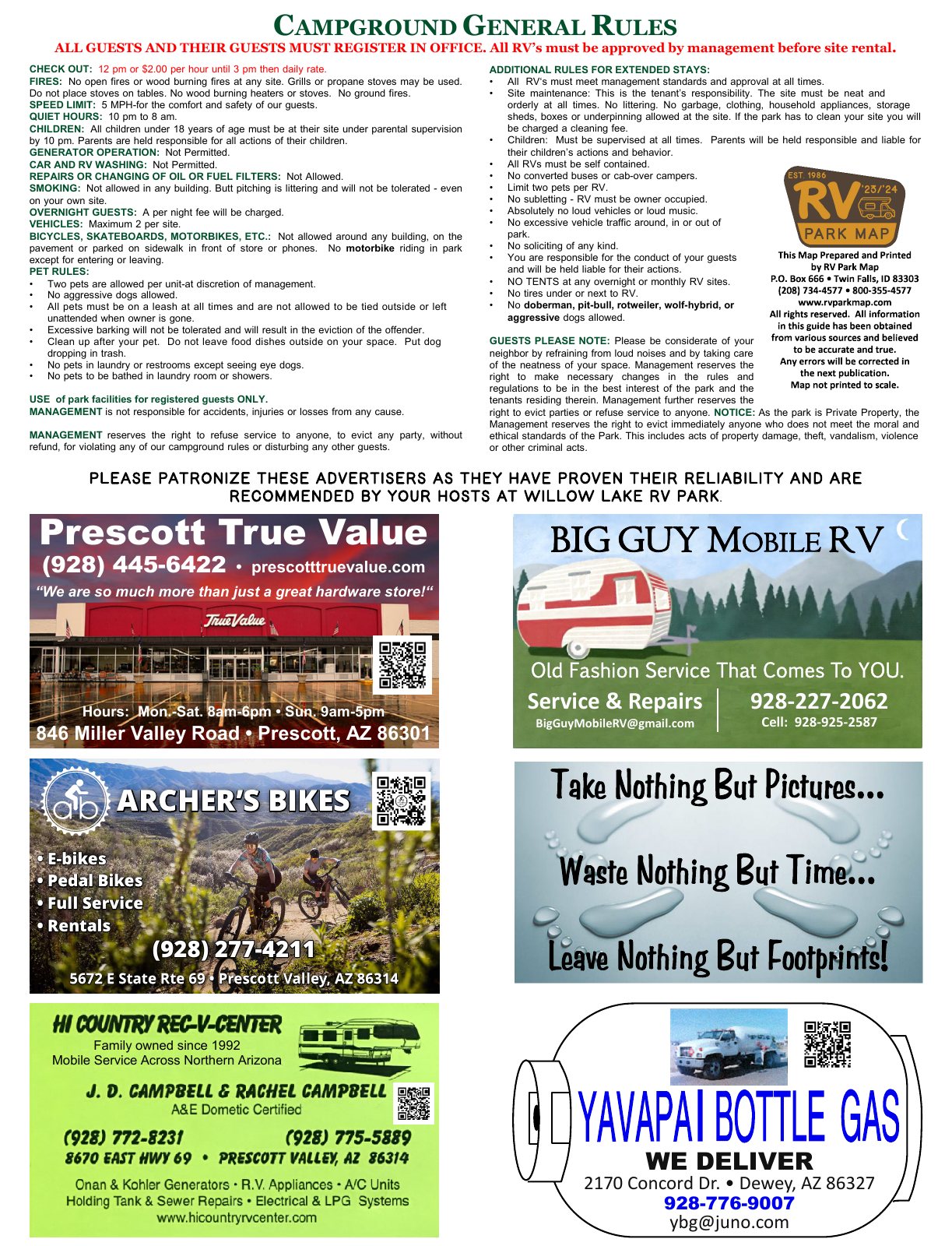 Willow Lake RV Park guide back: the campground rules and local advertisers