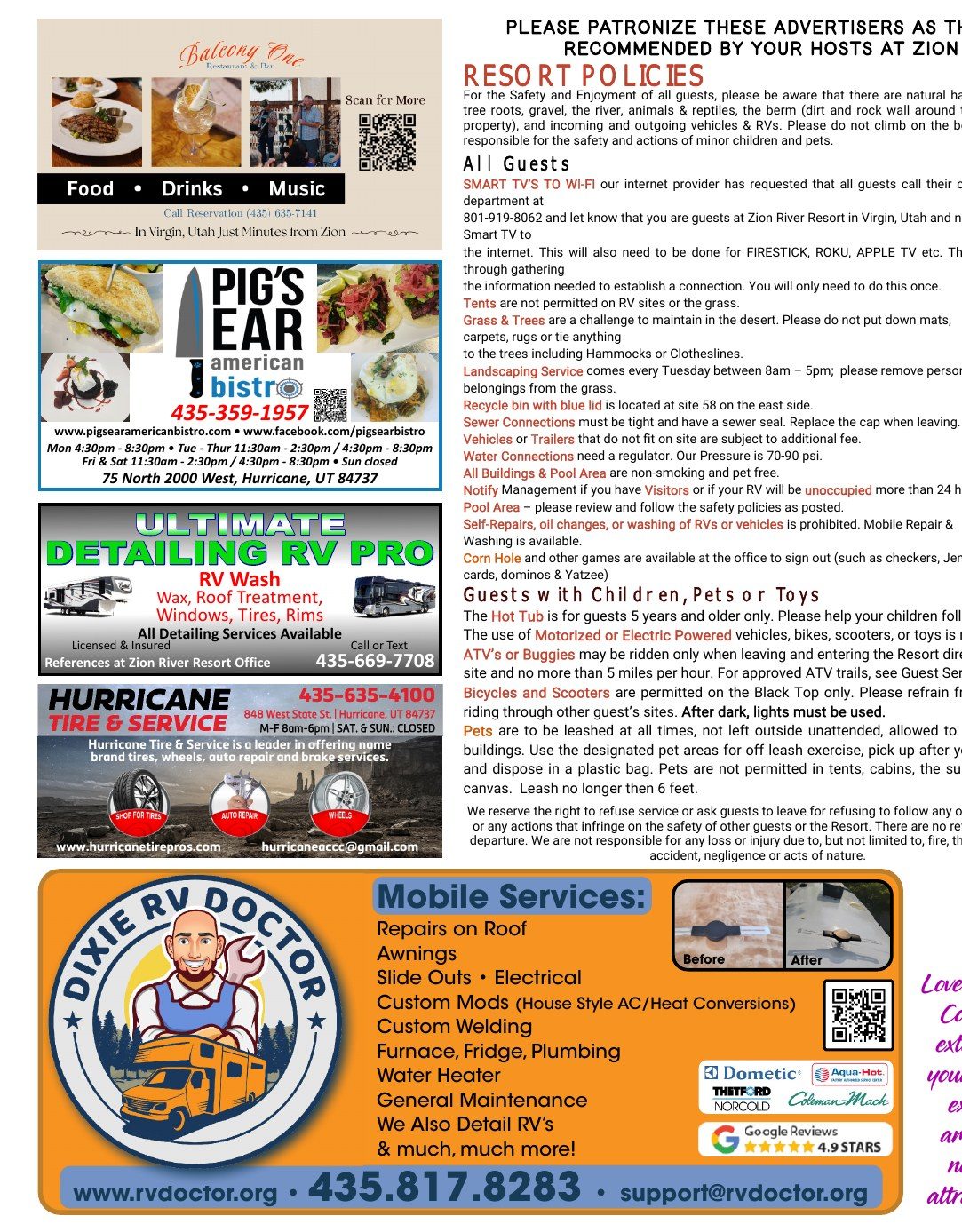 Zion River Resort guide, inside left: resort policies and sponsors