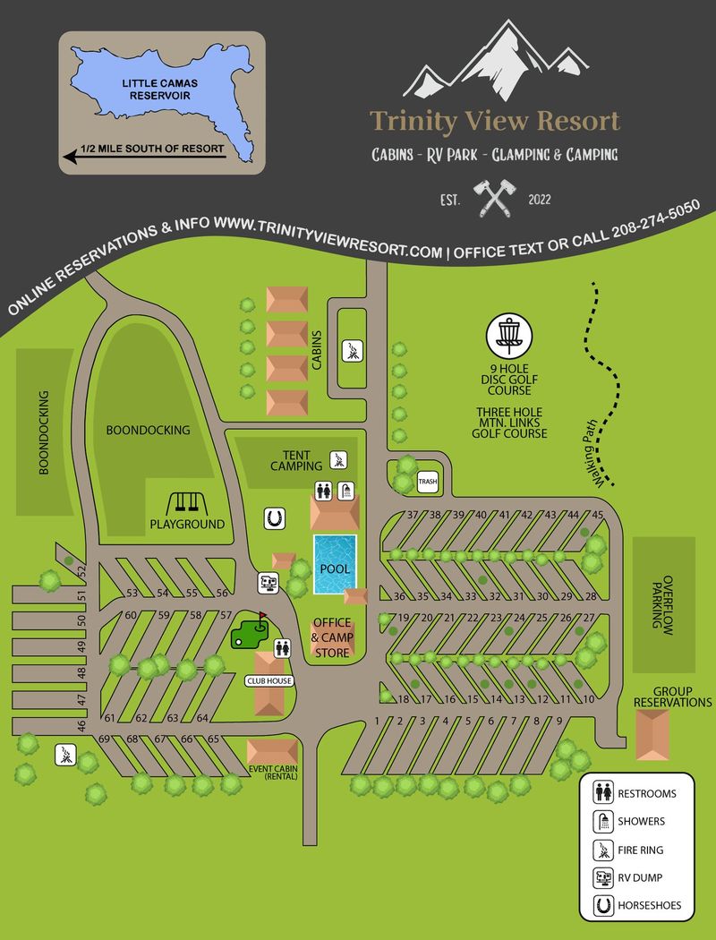 Trinity View Resort park map with numbered sites, cabins, pool, and disc golf course