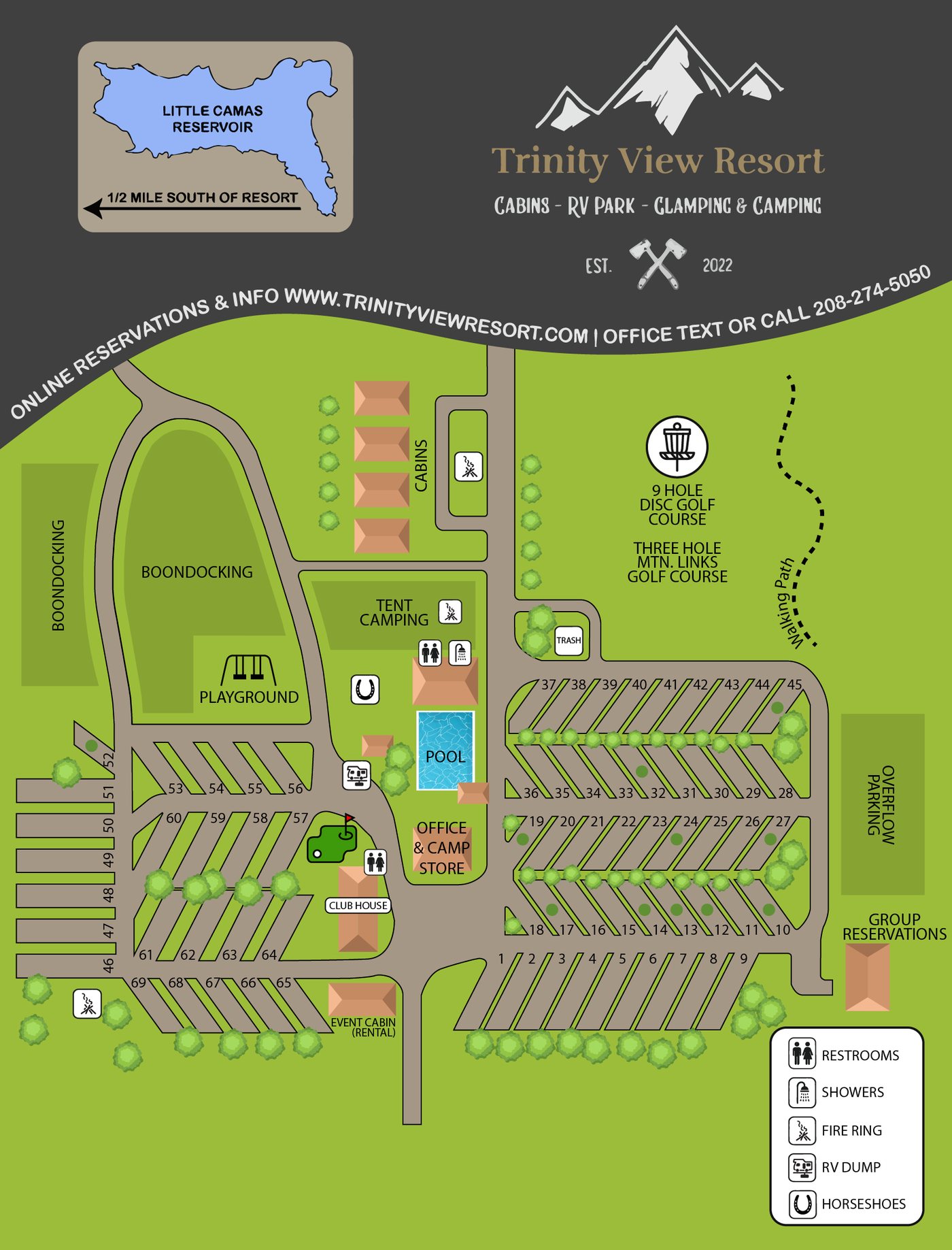 Trinity View Resort map showing numbered sites, cabins, tent camping, pool, office and camp store, and a legend