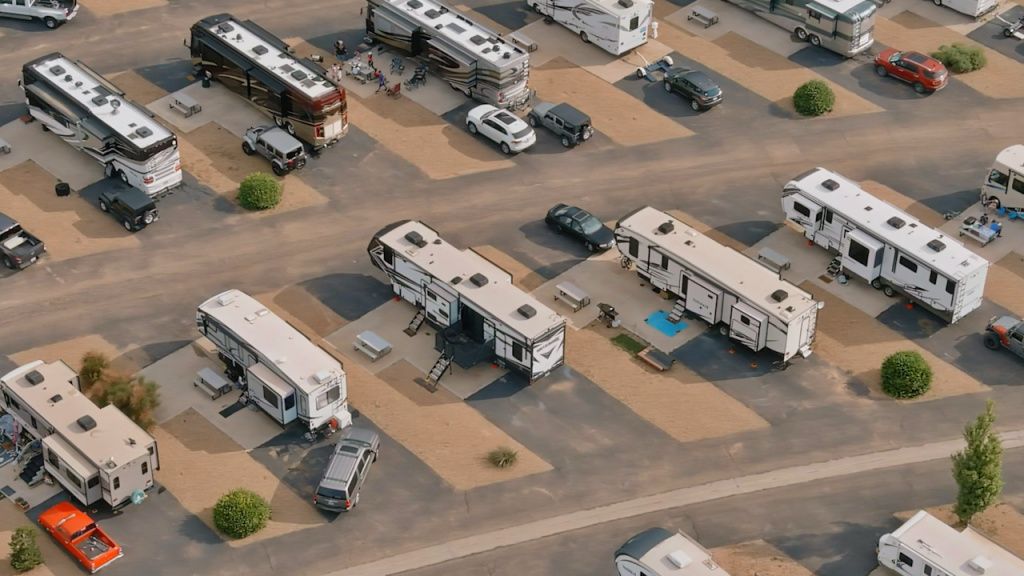 Aerial view of an RV park with rigs parked on gravel sites