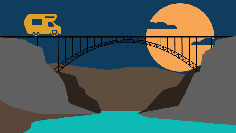 Illustration of an RV crossing the Perrine Bridge over the Snake River canyon at dusk