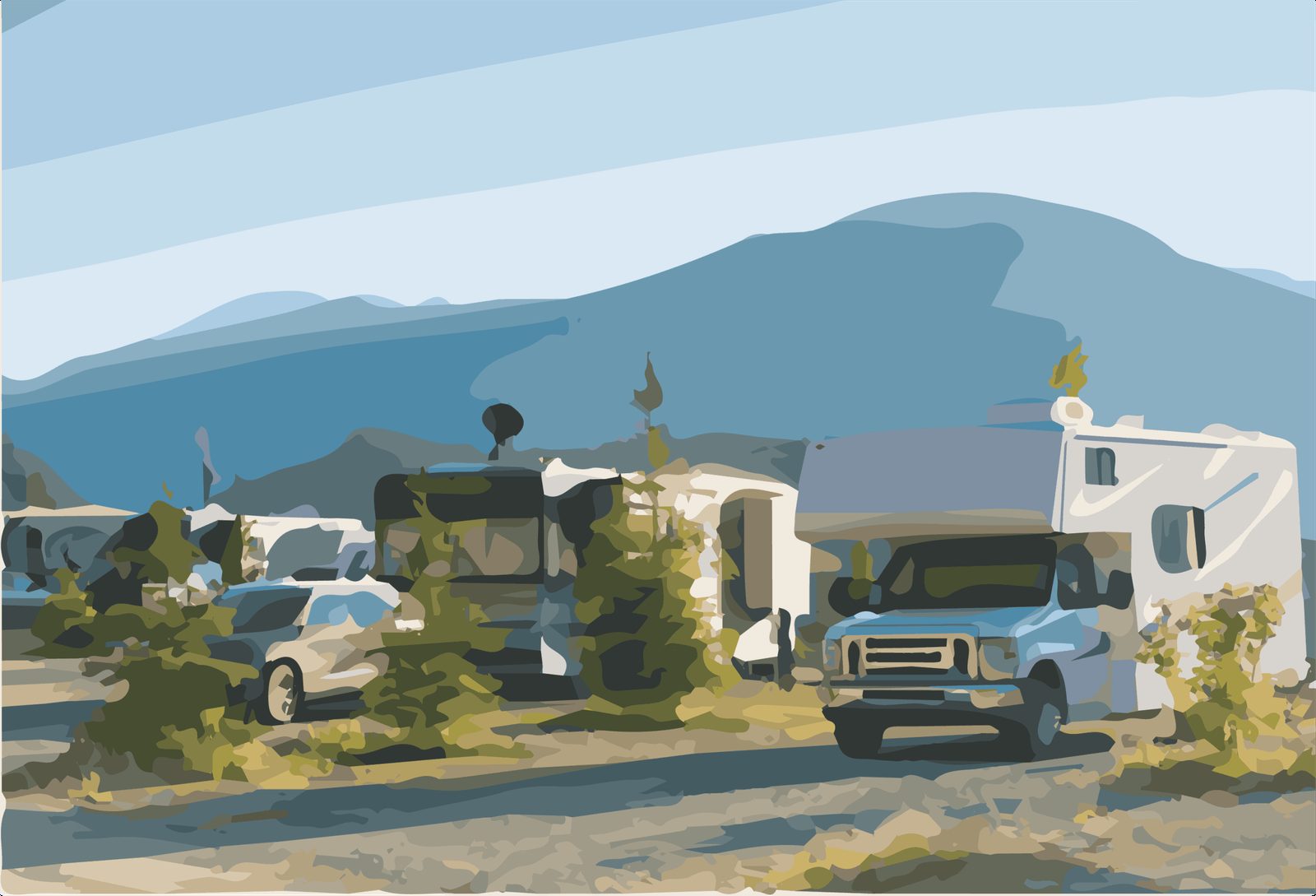 Illustration of RVs parked among trees with mountains behind
